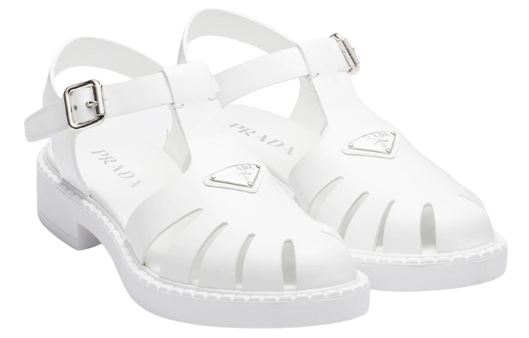 Prada Leather Enamel Triangle Logo Buckle Sandal 'White' 圖 3