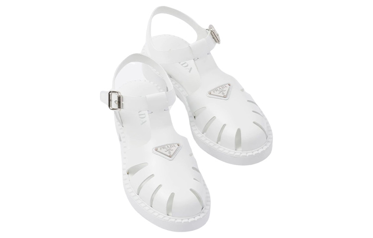 Prada Leather Enamel Triangle Logo Buckle Sandal 'White' 圖 4