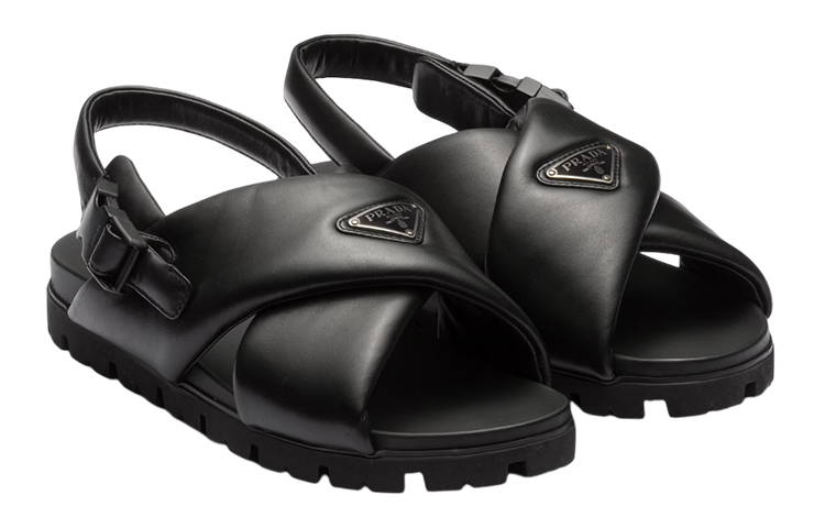 Prada Leather Logo Buckle Sandals 'Black' 圖 3