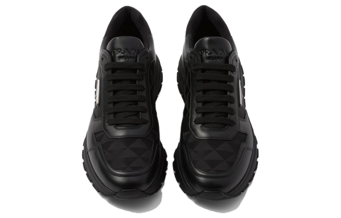 Lookbook 普拉达黑色皮革尼龙系带圆头休闲低帮运动鞋 2EE390_3LNW_F0002_F_G000