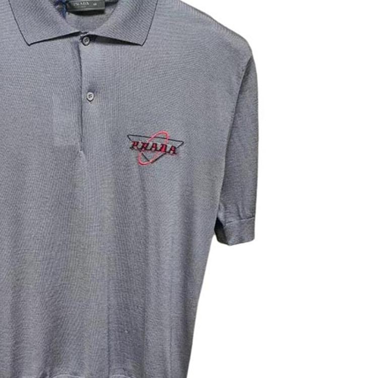 Shop PRADA Logo Embroidered Button Casual Short Sleeve Polo Shirt Men Grey UMB046-1WIO-F0170