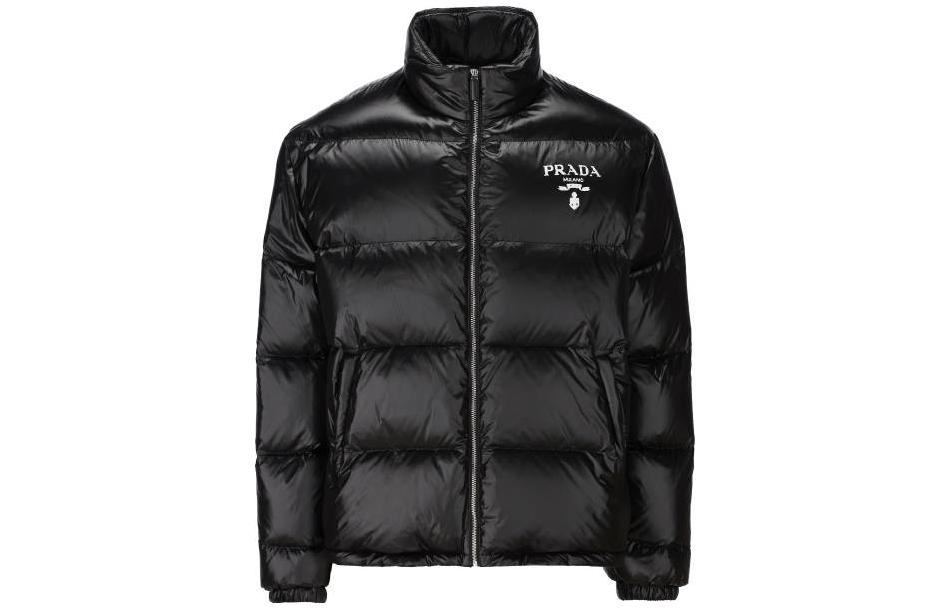 PRADA Logo Print Puffer Jacket for Men Black Zip-Up High Collar Outerwear. SGC089-11A9-F0002