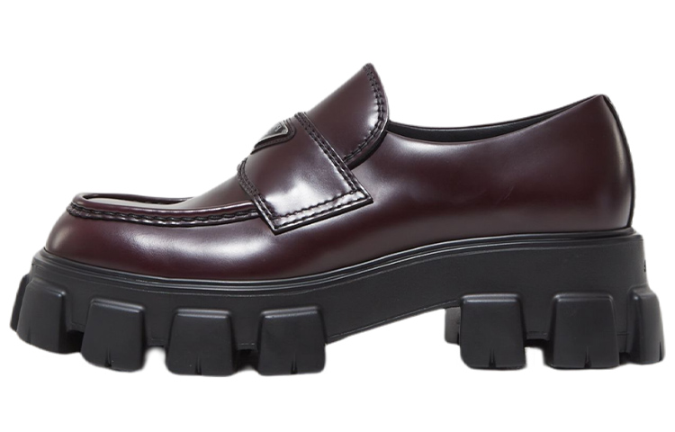 Prada Monolith Logo-Plaque Loafers 'Red Brown'