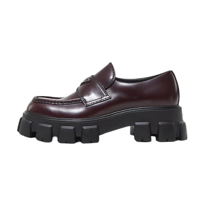 Prada Monolith Logo-Plaque Loafers 'Red Brown'