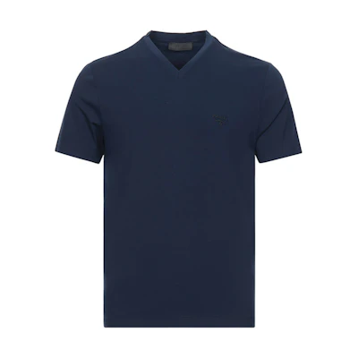 PRADA Navy Blue Cotton V-Neck Short Sleeve T-Shirt UJM565-1UOR-F0124-S-092