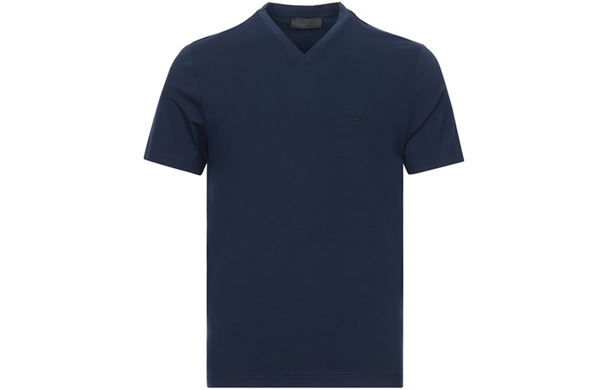 Order PRADA Camiseta Azul Marino de Algodón con Cuello en V y Mangas Cortas UJM565-1UOR-F0124-S-092