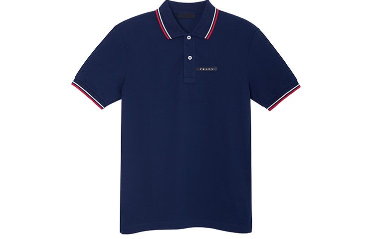 PRADA Navy Logo Collar Striped Polo Shirt SJN256-322-F0SJB