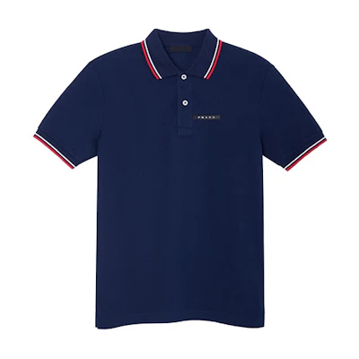 PRADA Navy Logo Collar Striped Polo Shirt SJN256-322-F0SJB