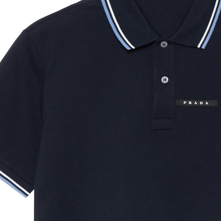 Cheap PRADA Polo de Manga Corta Azul Marino con Logo y Rayas. SJN256-322-F01AE