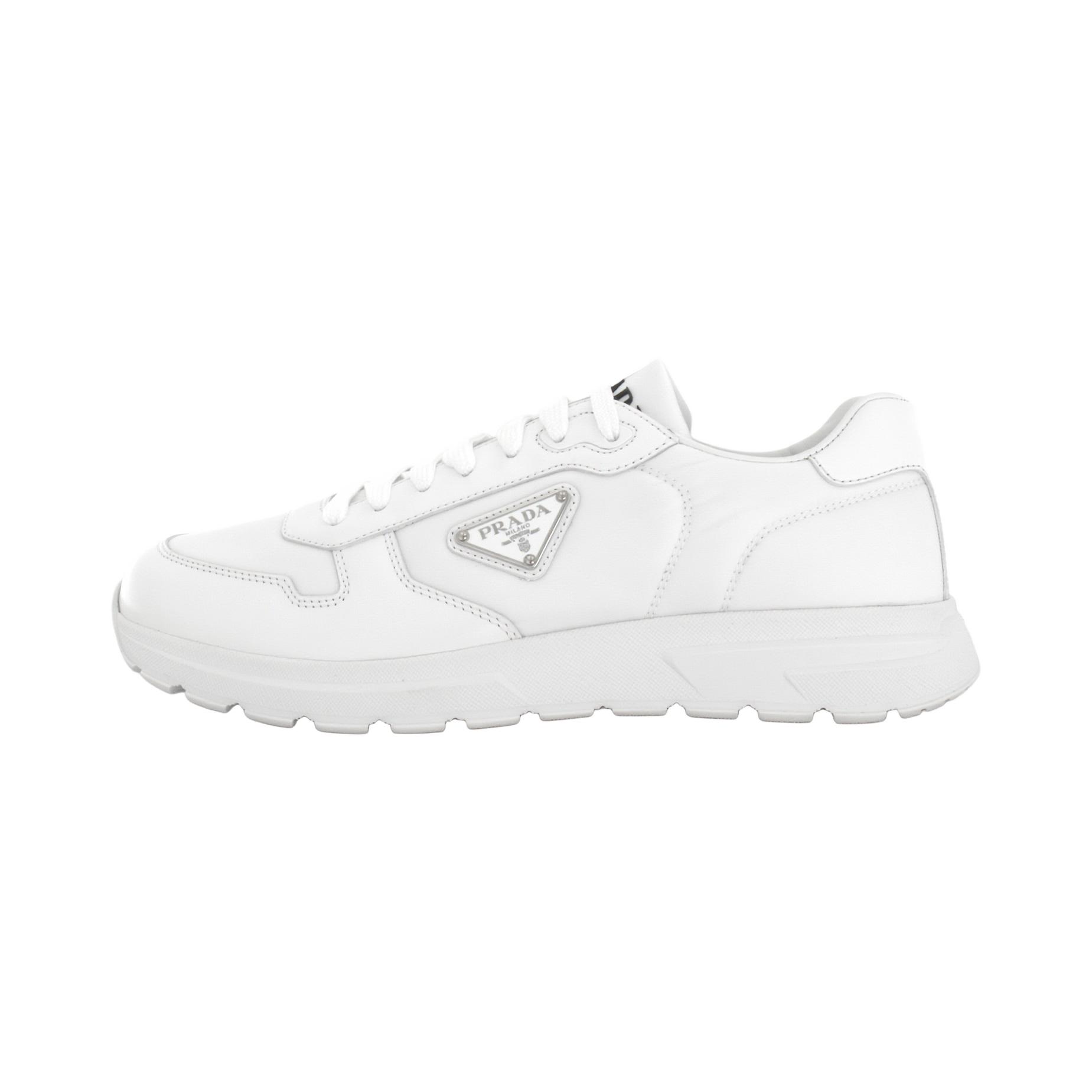 PRADA Prax 01 White Low-Top Leather Sneakers with Triangle Logo. 2EE443_3LF5_F0009_F_G000