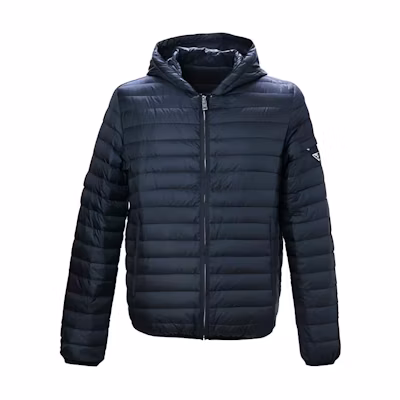 PRADA Quilted Down Jacket with Logo Patch for Men in Dark Blue. SGH828-1ID1-F0124