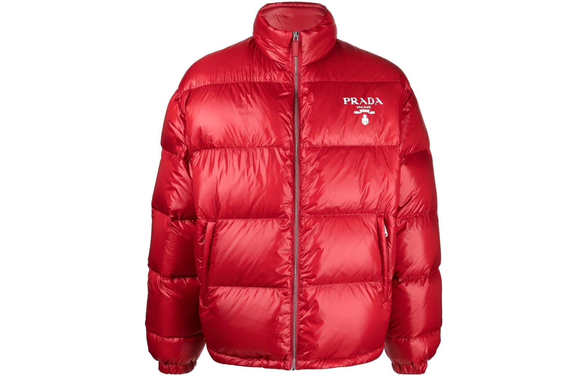 Order PRADA Red Logo Printed High-Neck Zipper Down Jacket Menswear. SGC089-11A9-F0011
