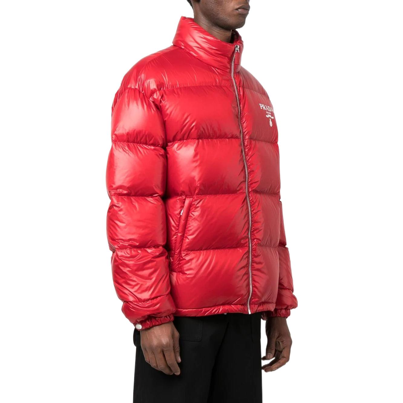 Shop PRADA Red Logo Printed High-Neck Zipper Down Jacket Menswear. SGC089-11A9-F0011