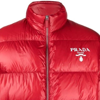 PRADA Red Logo Printed High-Neck Zipper Down Jacket Menswear. SGC089-11A9-F0011 Details for PRADA Red Logo Printed High-Neck Zipper Down Jacket Menswear. SGC089-11A9-F0011