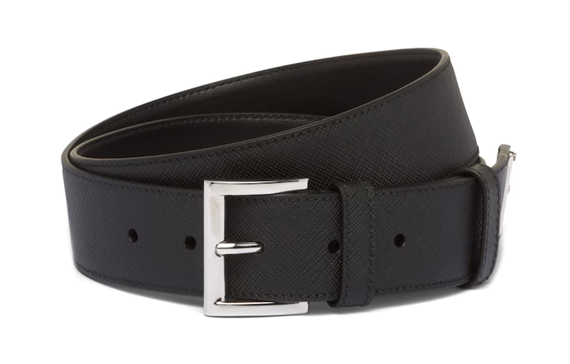 PRADA Saffiano Triangle Logo Textured Leather Belt Black 3.5cm 2CC545053F0002