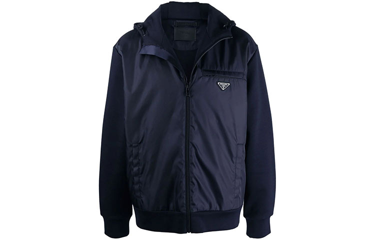 Prada Solid Logo Patch Zip-Up Hoodie Jacket Navy Blue UJL142S2021YFJ-F083Q