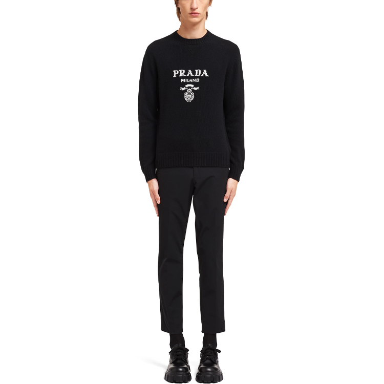 Shop PRADA SS21 Black Logo Jacquard Knit Pullover Sweater. UMB223-1YMW-F0002-S-211