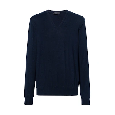 PRADA SS21 Blue Fine Wool V-Neck Knit Long Sleeve Sweater UMM985-C5W-F0SVF
