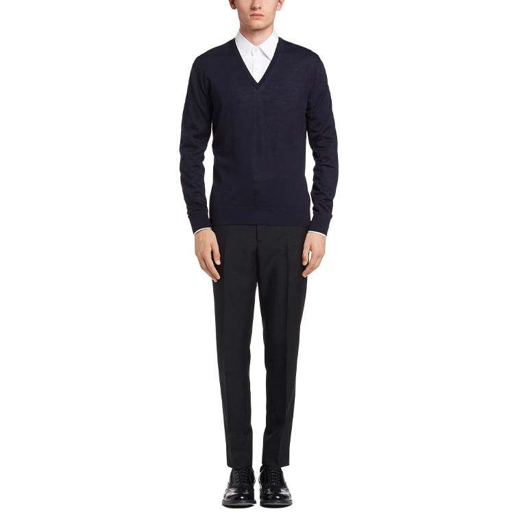 Lookbook PRADA SS21 Blue Fine Wool V-Neck Knit Long Sleeve Sweater UMM985-C5W-F0SVF