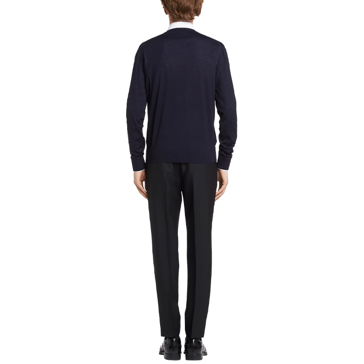 Shop PRADA SS21 Blue Fine Wool V-Neck Knit Long Sleeve Sweater UMM985-C5W-F0SVF