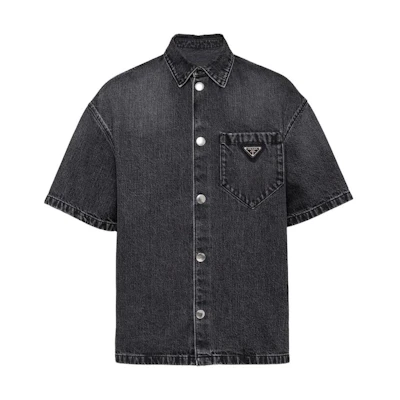 PRADA SS22 Black Denim Oversized Short-Sleeve Sun Protection Shirt. GEC067-12K8-F0557-S-212