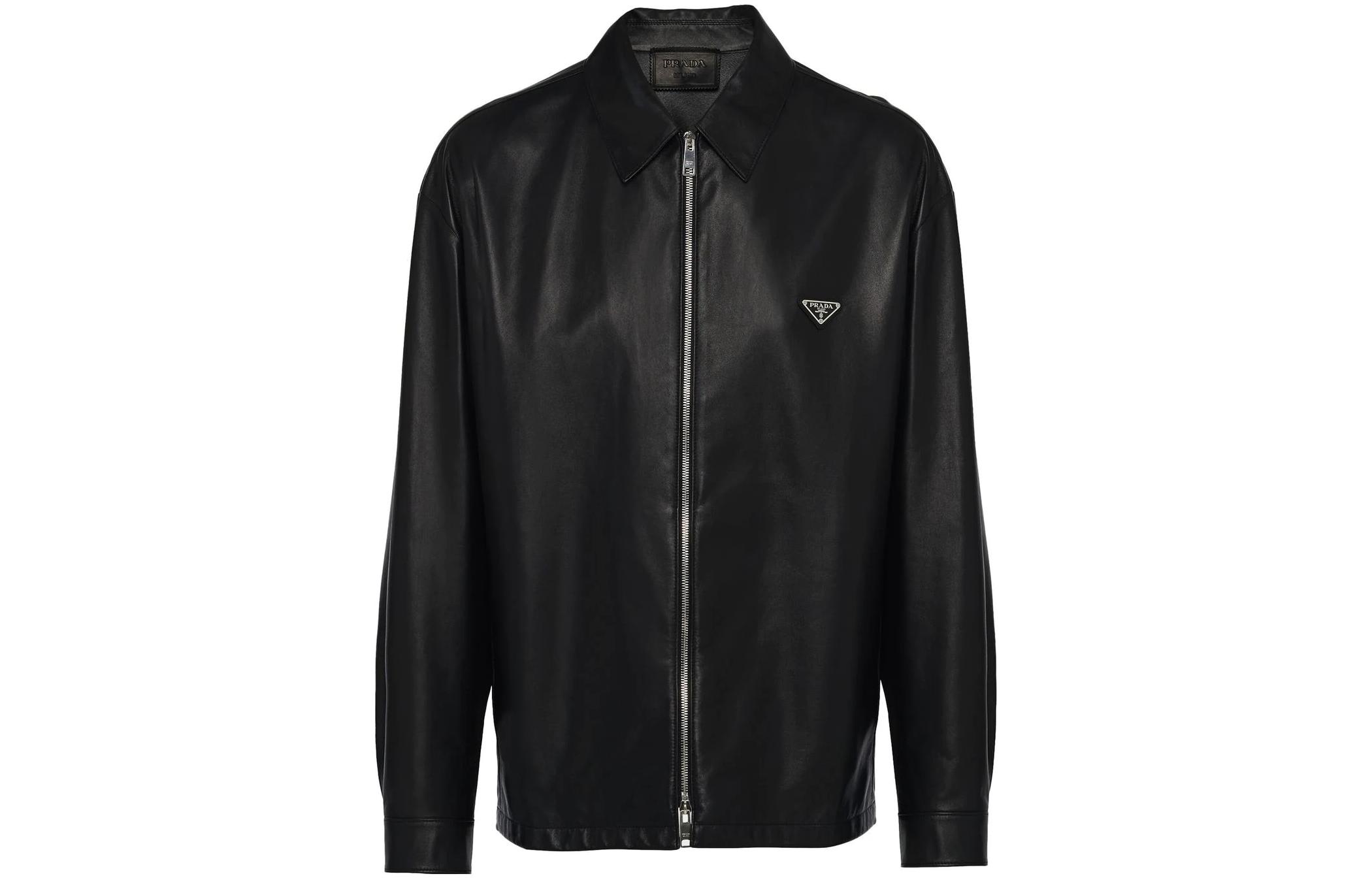 PRADA SS22  Black Lambskin Leather Jacket with Zip Collar. UPW428-1WDV-F0002