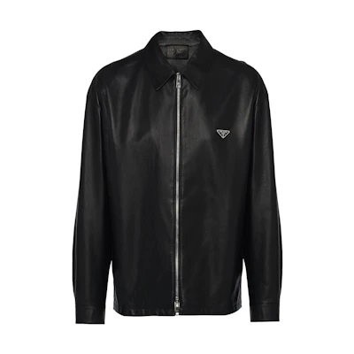 PRADA SS22 Black Lambskin Leather Jacket with Zip Collar. UPW428-1WDV-F0002