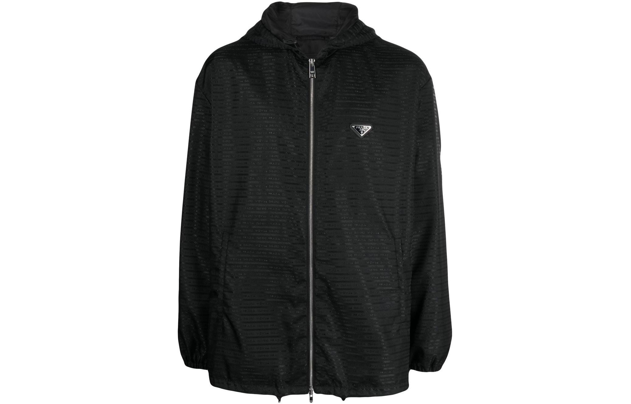 PRADA SS22  Black Relaxed Fit Hoodie Jacket with Logo Patch and Zipper. SGC057-S221-11FCF-0-002