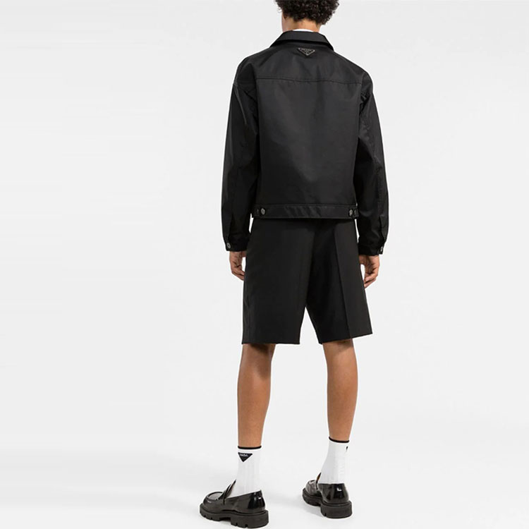 Shop PRADA SS22 Jaket Hitam Berkolar Single-Breasted SGB991-S221-1WQ8-F0002