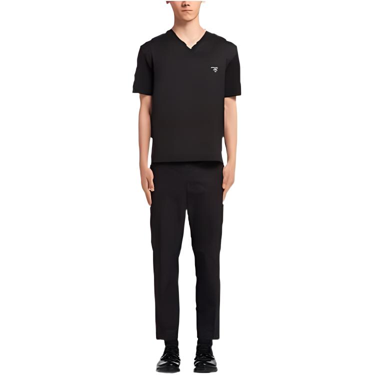 PRADA SS22  Black V-Neck Cotton Poplin Short Sleeve T-Shirt UJN804-1NXJ-S-221