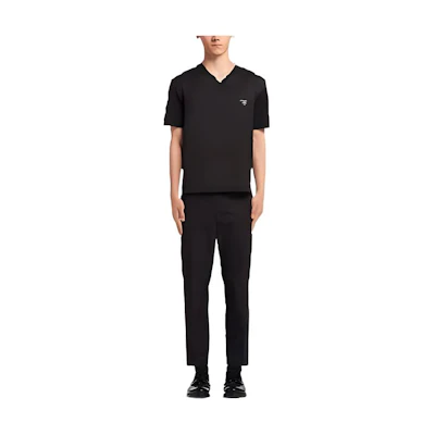 PRADA SS22 Black V-Neck Cotton Poplin Short Sleeve T-Shirt UJN804-1NXJ-S-221