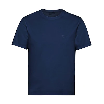 PRADA SS22 Blue Crewneck T-Shirt with Solid Color and Logo Embroidery UJN712-1YDP-F0124-S-211