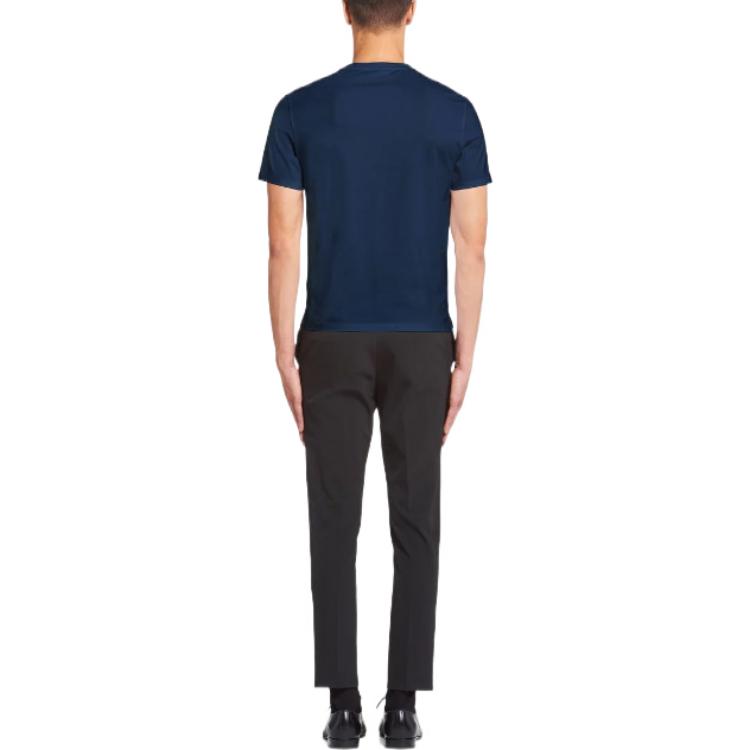 Shop PRADA SS22 藍色圓領T恤 素色設計與刺繡Logo UJN712-1YDP-F0124-S-211