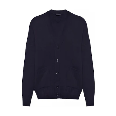 PRADA SS22 Blue Solid V-Neck Single-Breasted Knit Cardigan. UMG109-1Z9F-F0008-S-221