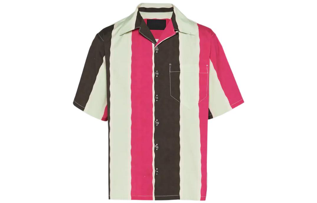 PRADA SS22  Contrast Printed Striped Short Sleeve Shirt Ebony Color UCS339-10P4-F0192-S-211