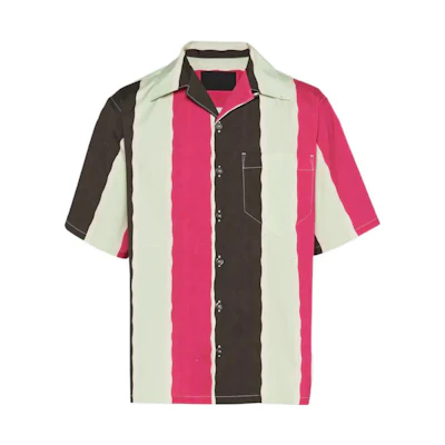 PRADA SS22 Contrast Printed Striped Short Sleeve Shirt Ebony Color UCS339-10P4-F0192-S-211