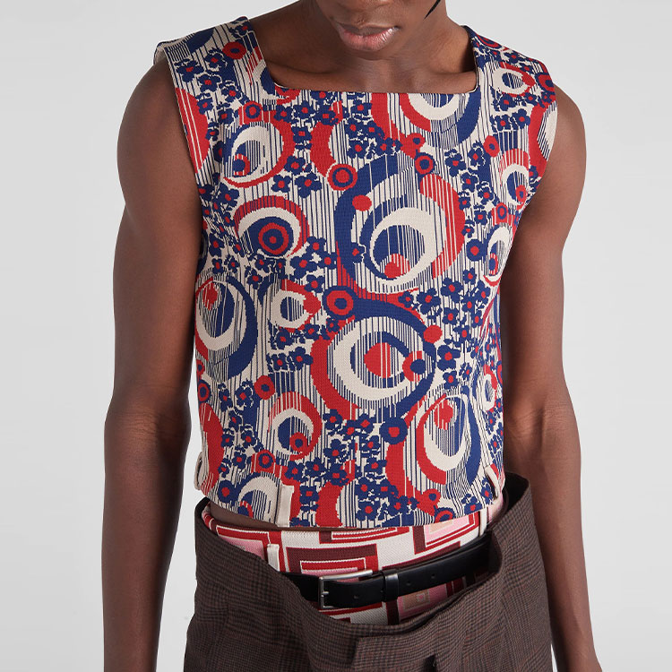 Purchase PRADA SS22 Baju Vest Rajut Cetakan Geometri Merah. UMT404-10EX-F092D-S-221