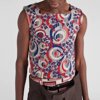Purchase PRADA SS22 Red Geometric Print Knitted Vest. UMT404-10EX-F092D-S-221
