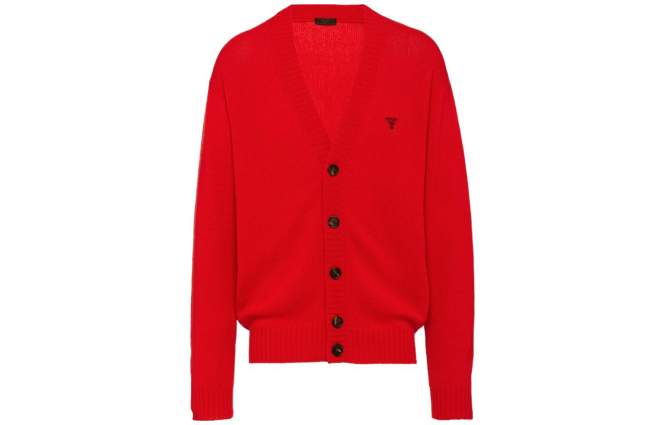 PRADA SS22  Red V-Neck Logo Knit Cardigan Sweater. UMG132-102L-F0011-S-221
