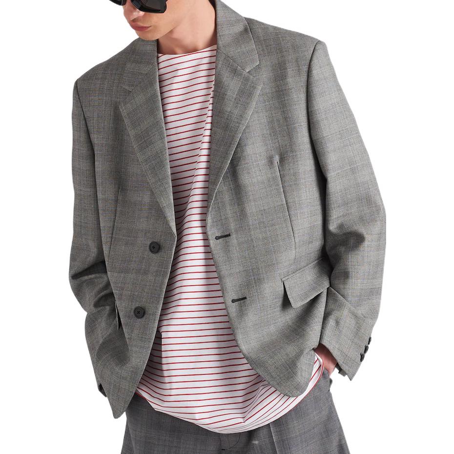 Shop 프라다 SS22 싱글브레스트 루즈핏 블레이저 재킷 그레이 UGM169-10NV-F0480-S-221
