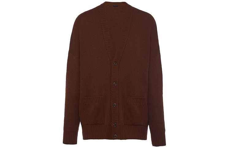 PRADA SS22  Tobacco Brown Knit Cardigan V-Neck Single-Breasted Sweater UMG109-1Z9F-F0005-S-221
