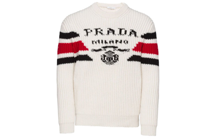 PRADA SS22  White Cashmere Knit Crewneck Sweater with Logo Jacquard. UMB339-10O9-F0009-S-212