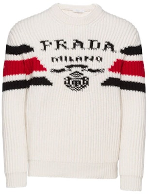 PRADA SS22 White Cashmere Knit Crewneck Sweater with Logo Jacquard. UMB339-10O9-F0009-S-212 Order PRADA SS22 White Cashmere Knit Crewneck Sweater with Logo Jacquard. UMB339-10O9-F0009-S-212