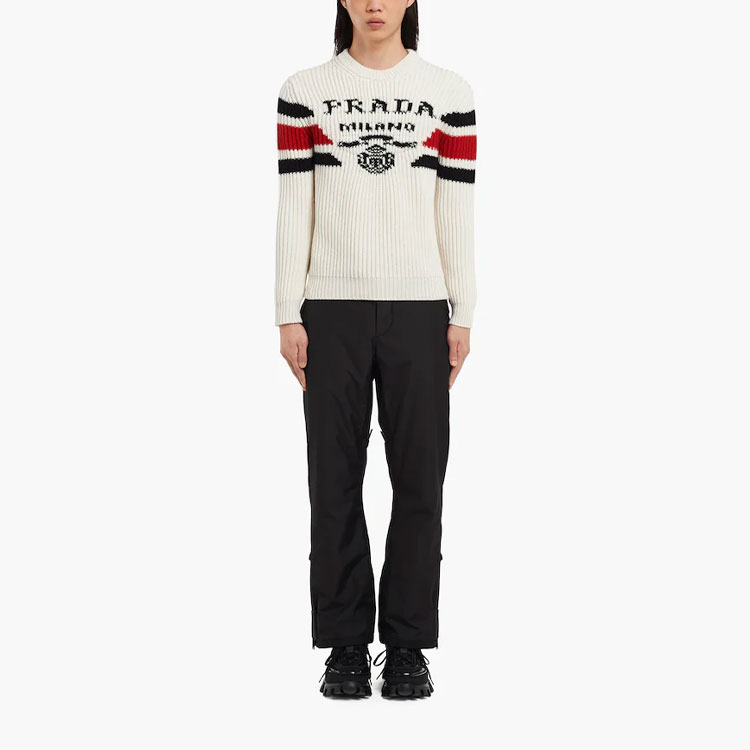 Lookbook 普拉达SS22白色羊绒Logo提花圆领针织毛衣 UMB339-10O9-F0009-S-212