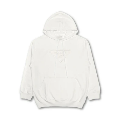 PRADA SS22 White Cotton Logo Print Hoodie. UJL185-1ZX4-F0009
