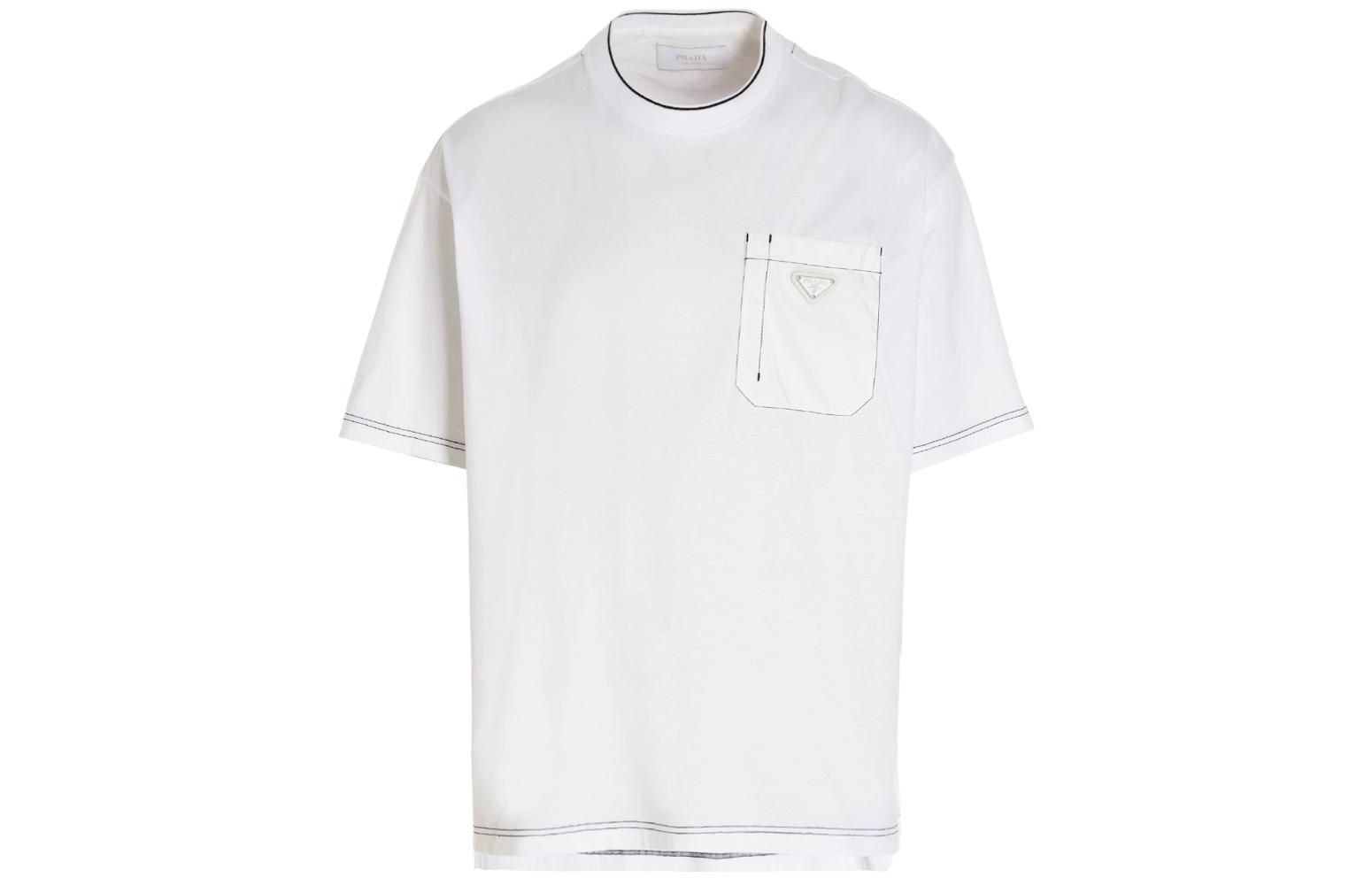 PRADA SS22  White Crewneck Solid Color Short Sleeve T-Shirt. UJN79010D3-F0009
