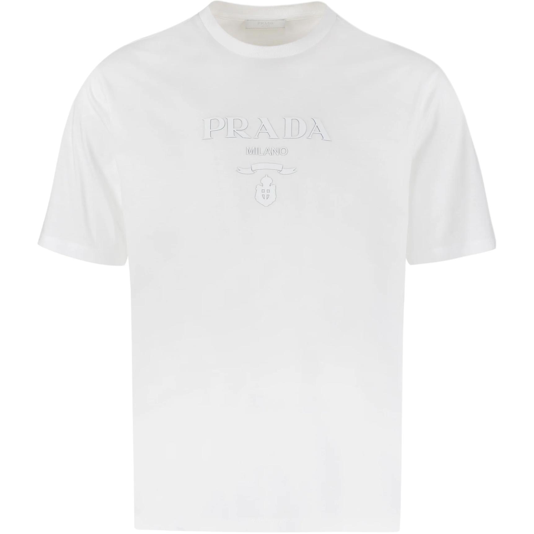 PRADA SS22  White Crewneck T-Shirt with Embroidered Letter Logo. UJN782-S22110AV-F0009