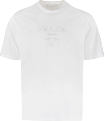 PRADA SS22 White Crewneck T-Shirt with Embroidered Letter Logo. UJN782-S22110AV-F0009 Buy PRADA SS22 White Crewneck T-Shirt with Embroidered Letter Logo. UJN782-S22110AV-F0009