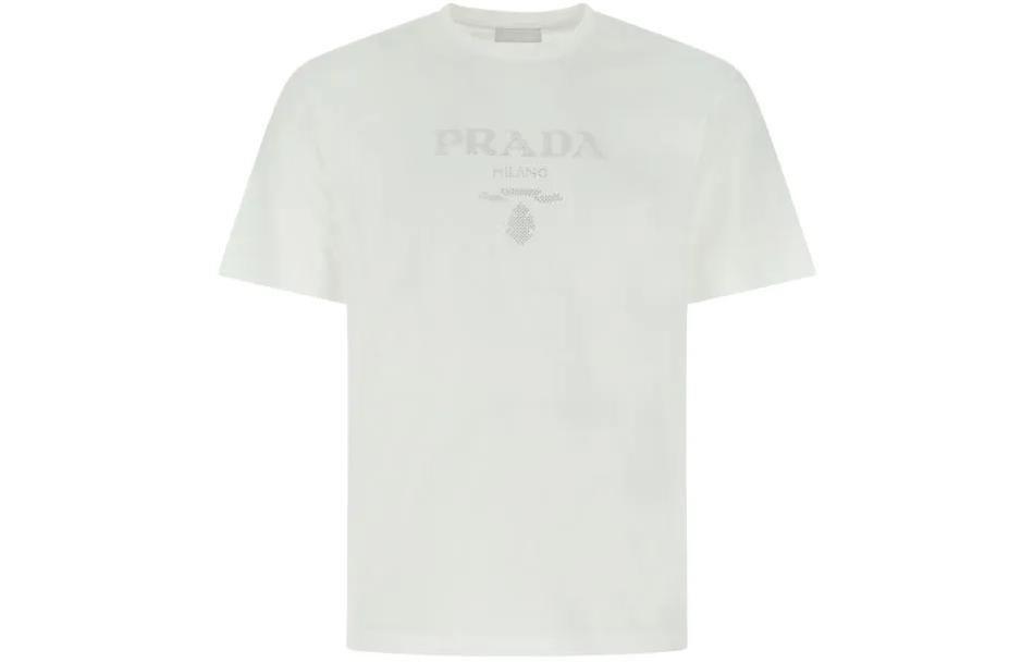 Order PRADA SS22  White Crewneck T-Shirt with Embroidered Letter Logo. UJN782-S22110AV-F0009
