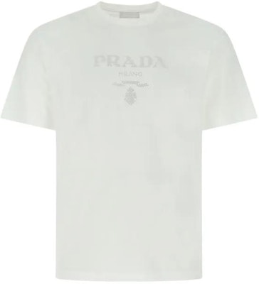 PRADA SS22 White Crewneck T-Shirt with Embroidered Letter Logo. UJN782-S22110AV-F0009 Order PRADA SS22 White Crewneck T-Shirt with Embroidered Letter Logo. UJN782-S22110AV-F0009
